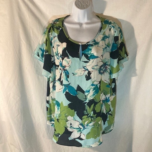 Van Heusen Tops - 51-9 VAN HEUSEN blue green multicolor butterfly sleeve floral top L